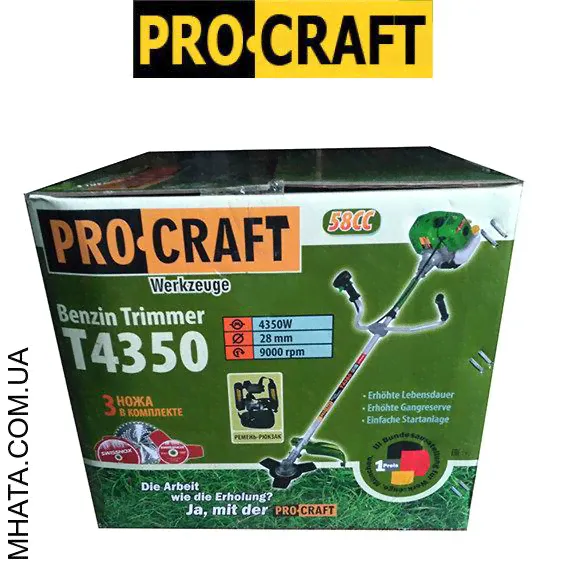 - Бензокоса Procraft T4350 (3 ножа (40Т победит, 3Т, 8Т) и 1 катушка-леска) штанга 28см